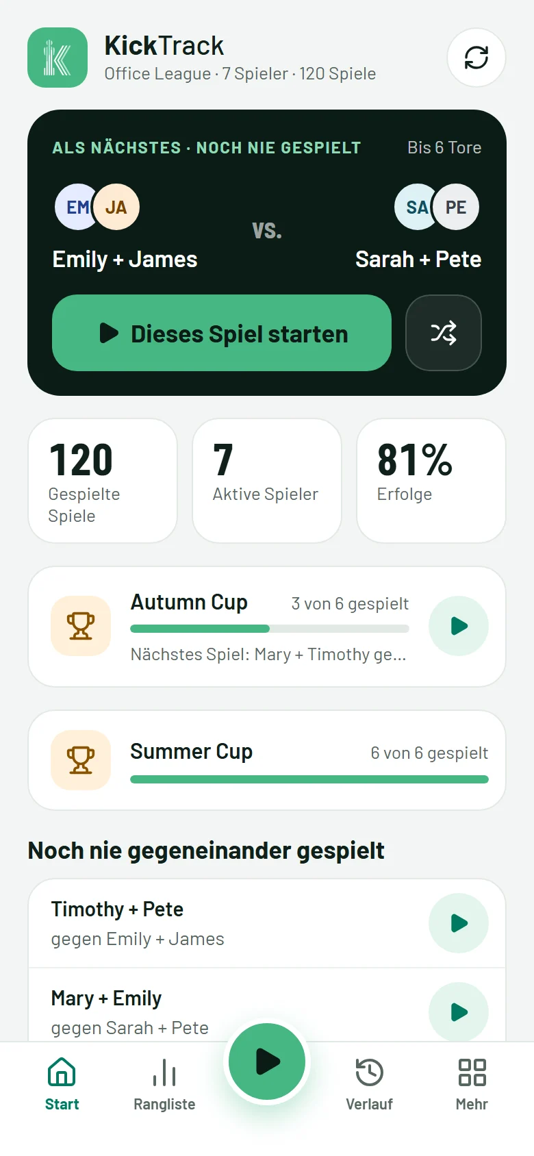 Start: das nächste Spiel und die Statistik der Liga