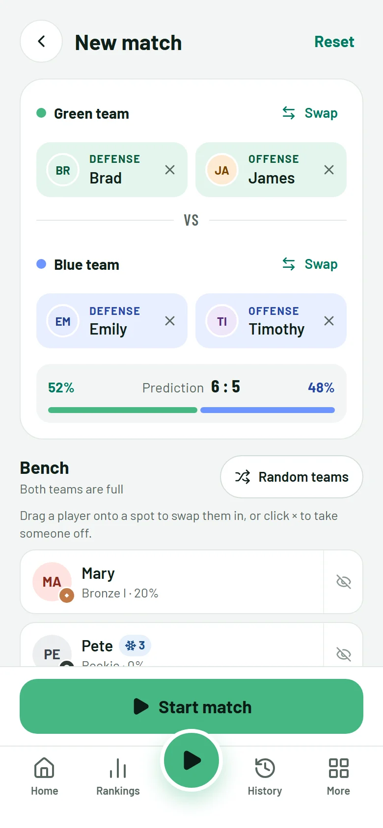 The new match screen: four players on the green and blue team, with the win prediction