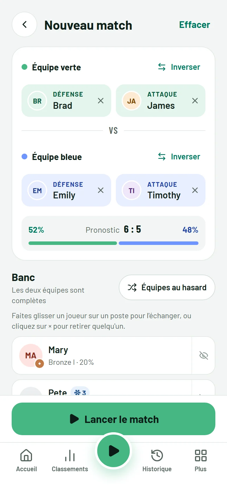 L'écran Nouveau match : quatre joueurs dans l'équipe verte et l'équipe bleue, avec le pronostic de victoire