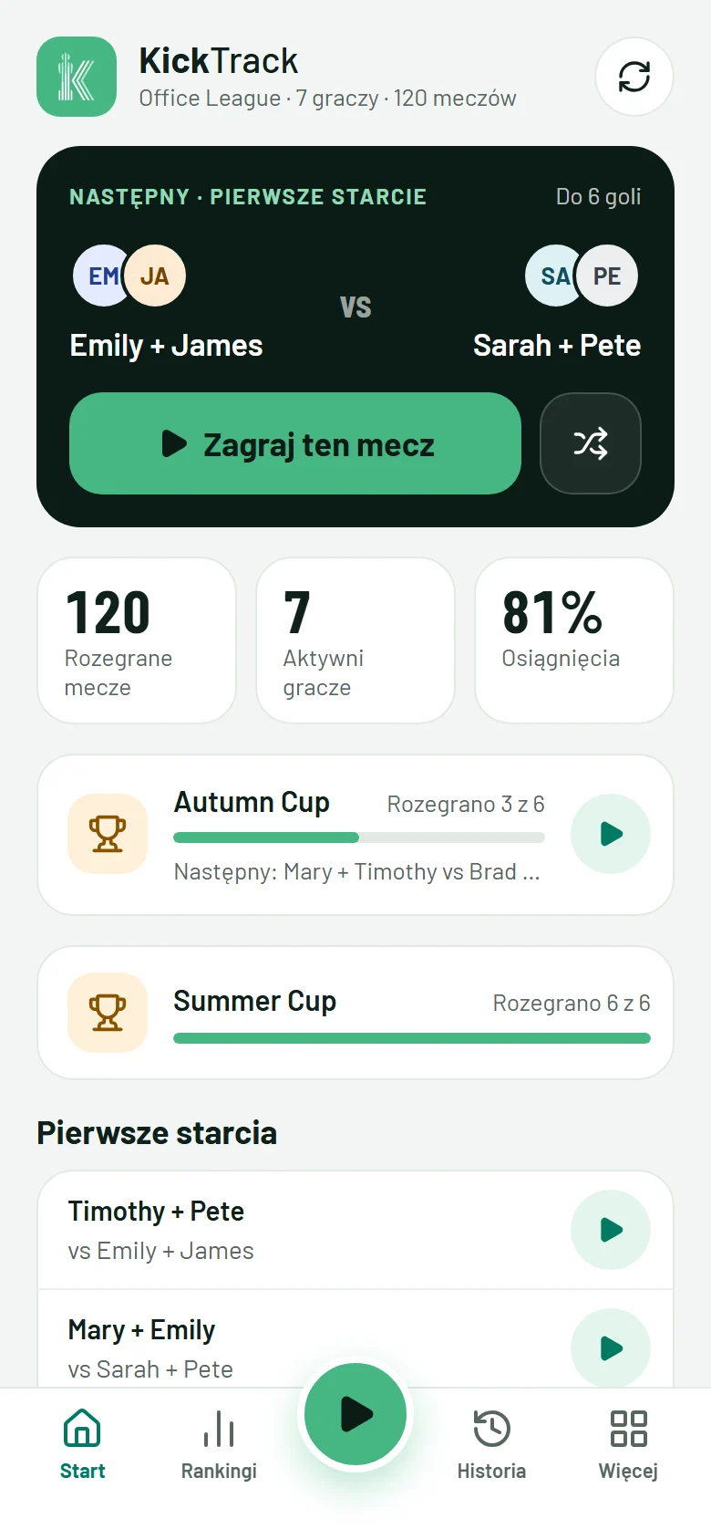 Start: następny mecz i statystyki ligi